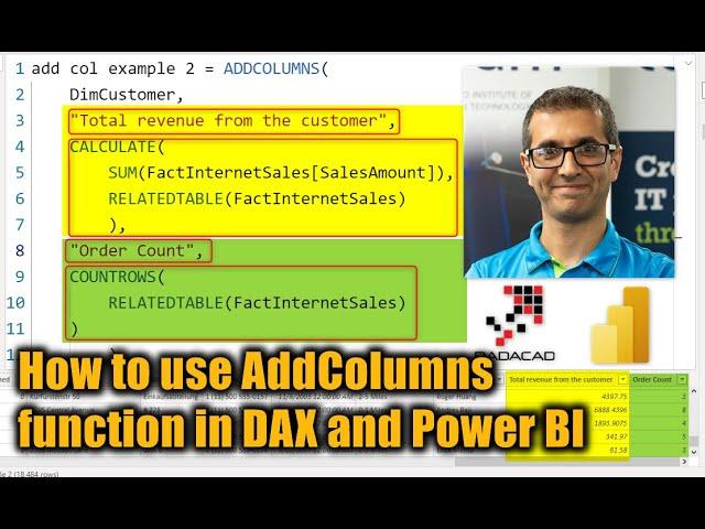 How to use AddColumns function in DAX and Power BI