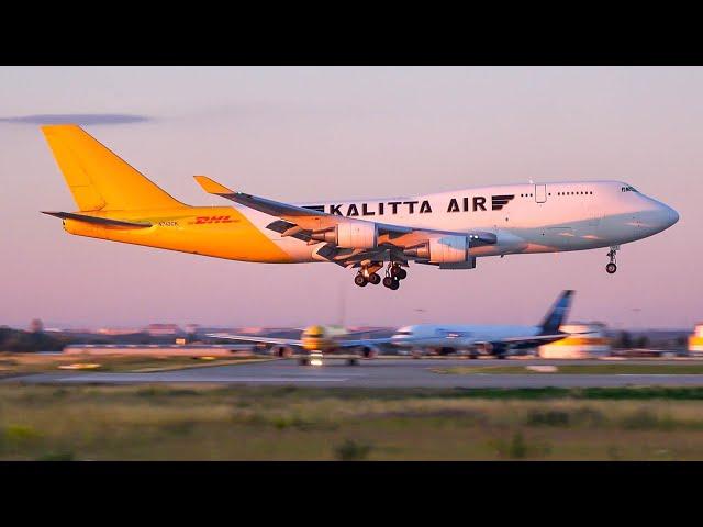 (4K) DHL/Kalitta air 747-400F beautiful morning arrival and close-up take off at Leipzig airport