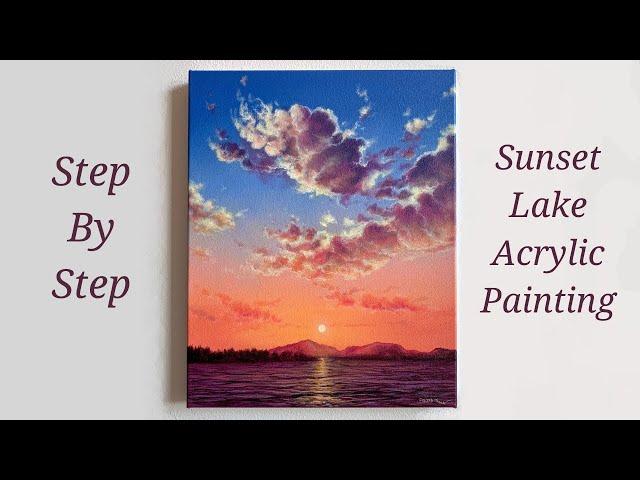 How to PAINT a Sunset Lake STEP by STEP Acrylic Painting for Beginners