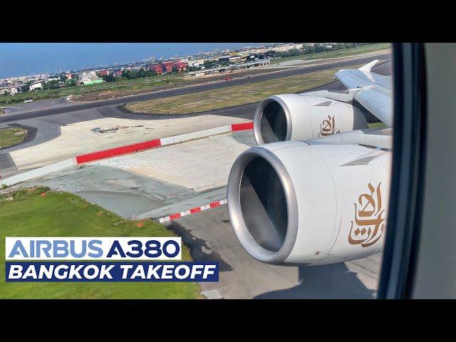 Emirates Airbus A380 Takeoff from Bangkok, Thailand | Wing & Engine View | Scenic Departure [4K]