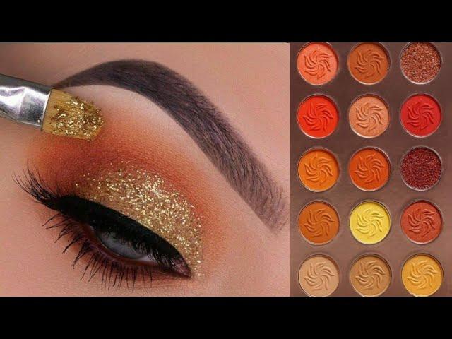 Warm Orange Glitter Eye Makeup Tutorial/Glittery Orange With Smokey Winged Eye Makeup Tutorial