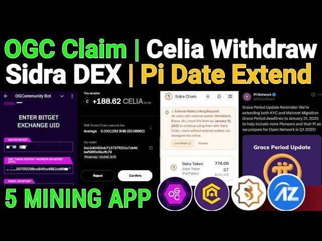 OGC Claim TGE 30/Dec | Celia Last Day | Sidra Launch DEX | Pi Network and AZCoin Listing in January