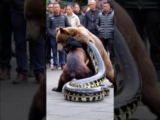 Grizzly bear fights giant python, everyone just stands and watches, no one helps