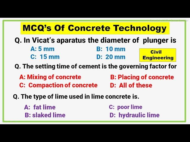 MCQ's For Concrete Technology | Construction Materials | Objective Type Question and Answer -Part-1