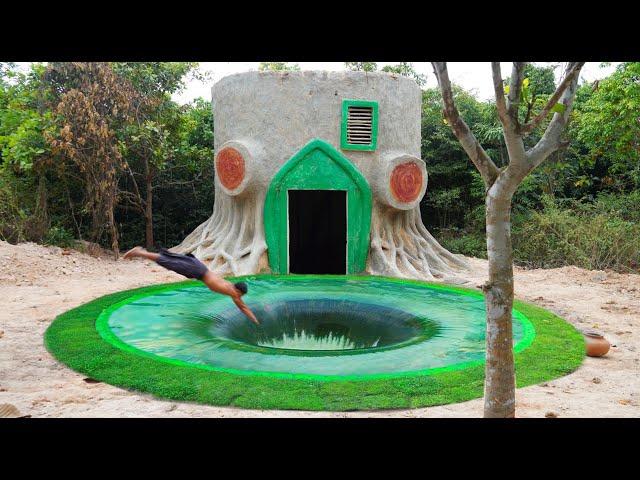 30Days Building New Creative Solar Tree Stump Fairy House With Swimming Pool