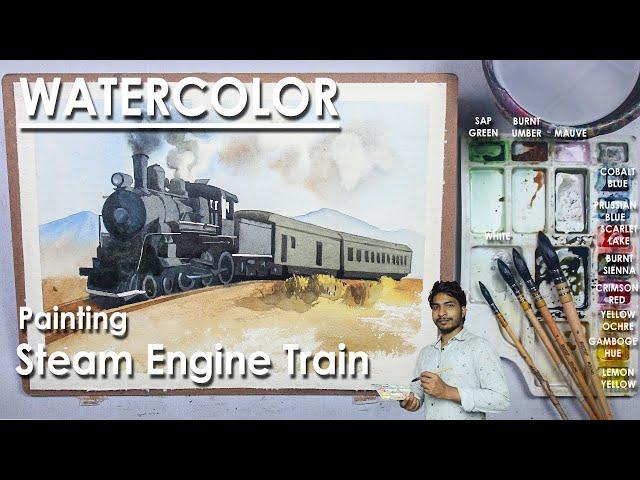 Watercolor Steam Engine Train Painting step by step