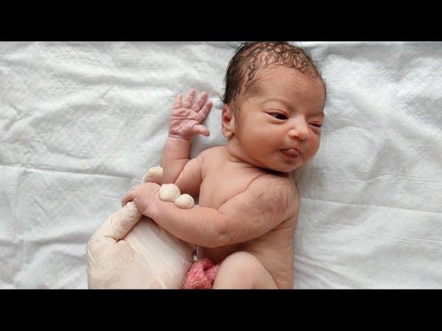 Gorgeous Newborn baby Girl full of HAIR  just after birth is Cutest #cute #birth #love