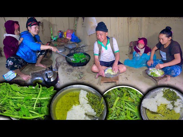 Green Vegetable recipe in Nepali village kitchen || Green Squash Vine fry recipe & lentils with rice