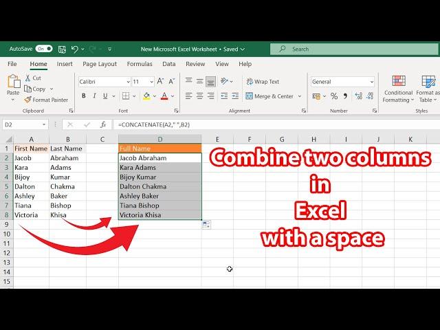 How to combine two columns in excel and add a space