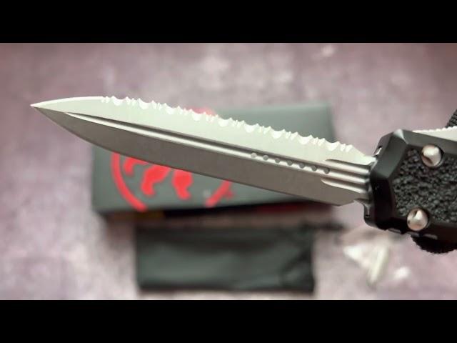 Knife Microtech Makora, spear point stonewash serrated, 154cm steel, replica by Hifinder.