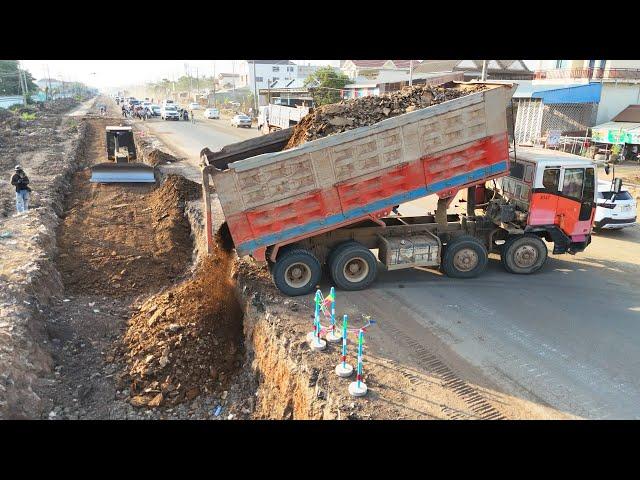 Amazing Heavy Dump Trucks Unloading Soil Stone & Dozer Pushing Soil Building Foundation Nation Road