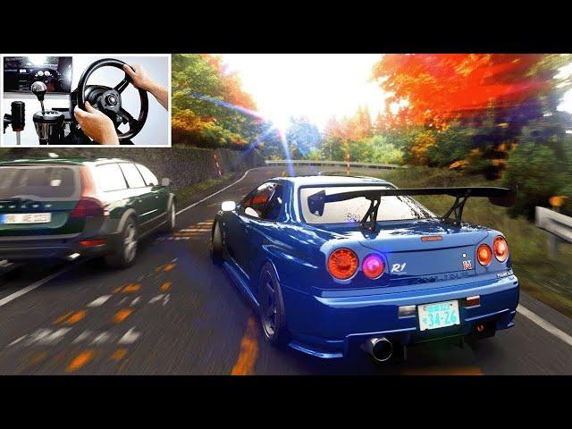Drifting R34 GT-R at Mt.Akina w/Traffic - Assetto Corsa | Steering Wheel Gameplay