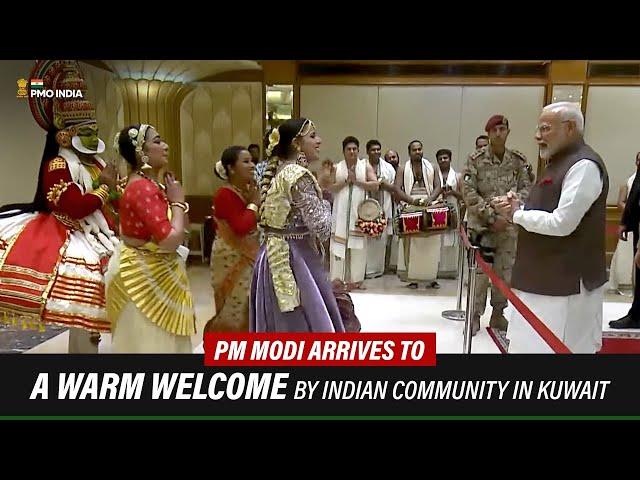 Prime Minister Narendra Modi arrives to a warm welcome by Indian Community  in Kuwait