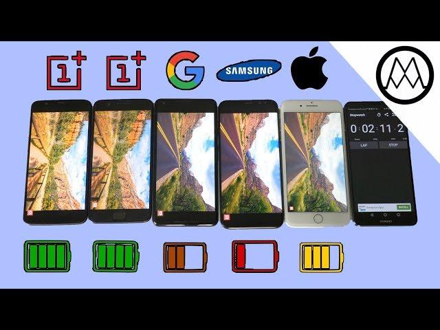 Oneplus 5T vs Pixel 2 XL vs S8 vs iPhone 8 Battery life Drain Test!