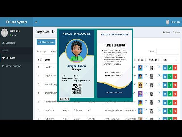 Printable Employee ID Card Generating System with QR Code in PHP MySQL