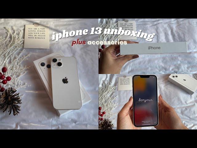 aesthetic iPhone 13 Starlight  unboxing plus accessories