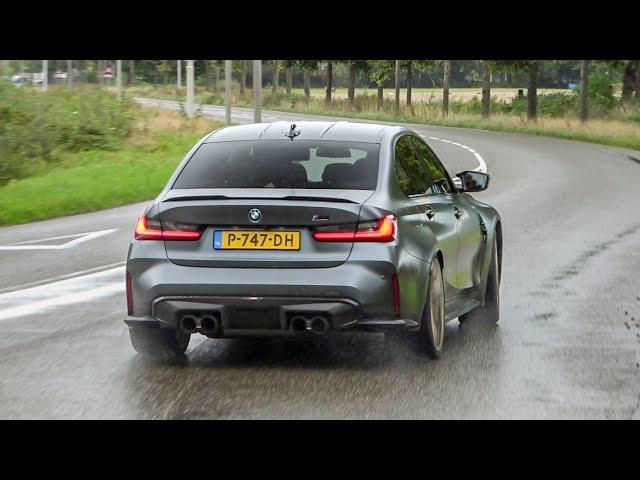 BMW M3 G80 Competition with Akrapovic Exhaust - Accelerations, Revs, Poweslides in RAIN!