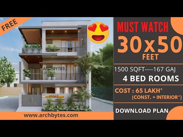 30x50 Feet House Design 3D: 4 Bedrooms| 9x14 Meters| 1500 Sqft| 167 Gaj| Archbytes