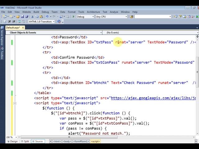 Password and Confirm Password validation using jQuery in ASP.Net