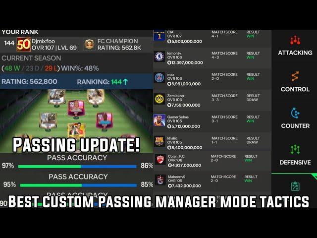 BEST CUSTOM 90+% PASSING MANAGER MODE TACTICS & FORMATION GUIDE TO FIFA CHAMPION | FC MOBILE