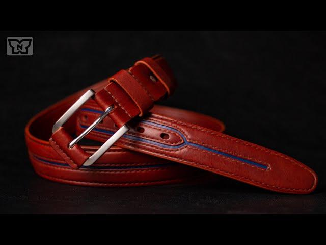 DIY leather belt with blue stripe Unusual design