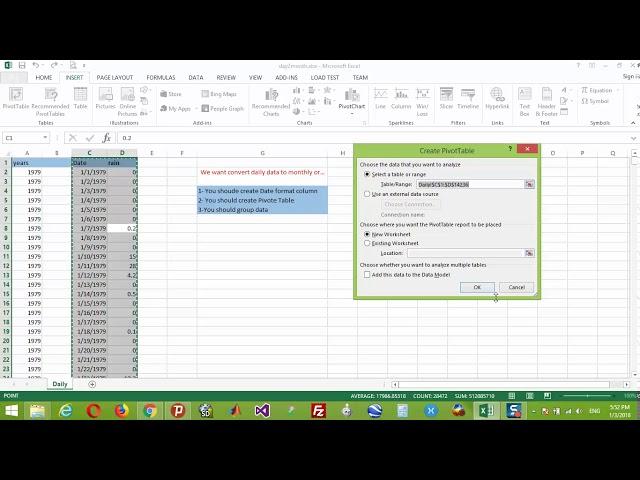 How to convert daily data to monthly in excel