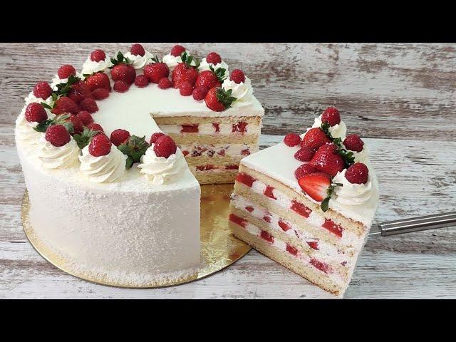 unrealistically delicious huge STRAWBERRY cake with cream WITHOUT gelatin