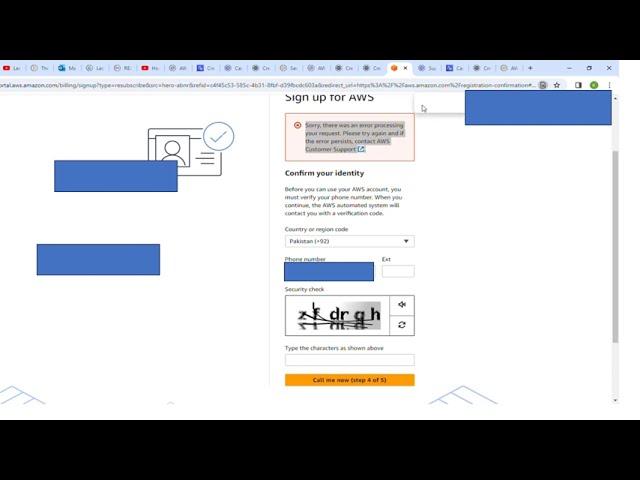 AWS Phone verification issue Sorry, there was an error processing your request.