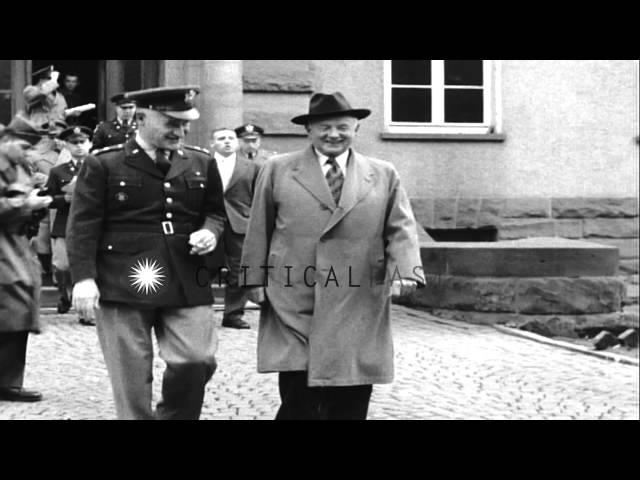 US Senator Harry F Byrd and General Miles Reber enter Panzer Kaserne Headquarters...HD Stock Footage