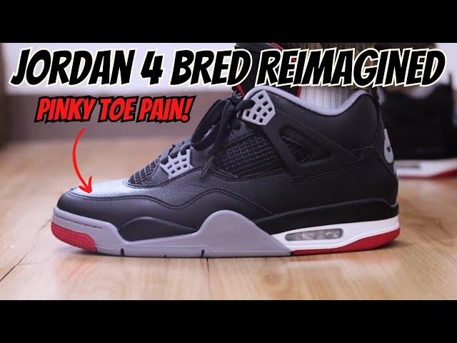 COMFORT TEST: PINKY TOE PAIN??!!! JORDAN 4 BRED REIMAGINED ON FOOT HONEST REVIEW