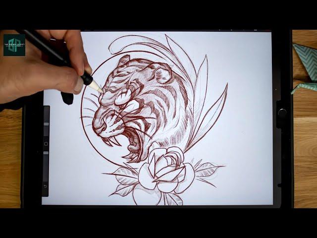 How to draw a Tattoo Design from Beginning to End | Neo Traditional Tiger Sketch