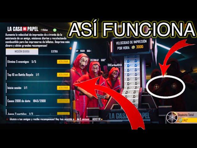 COMO FUNCIONA EL EVENTO IMPRIMIR DINERO FREE FIRE CASA DE PAPEL, COMO ACELERAR LA IMPRESIÓN.