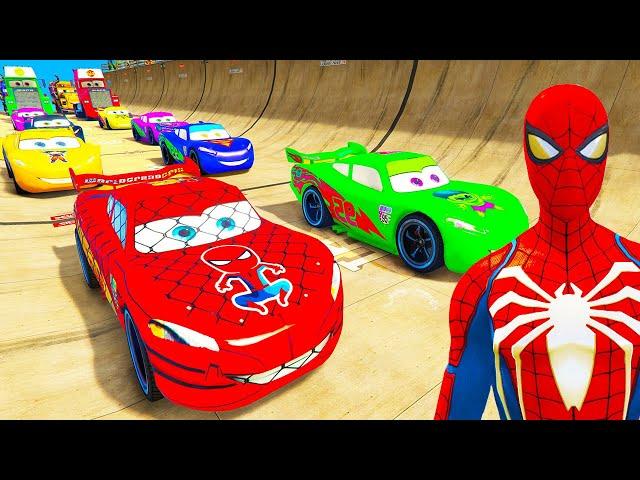 SPIDERMAN McQueen Friends Mega MULTI Ramp Challenge ! SUPERHEROES HULK Disney Cars Stunt Race - GTAV