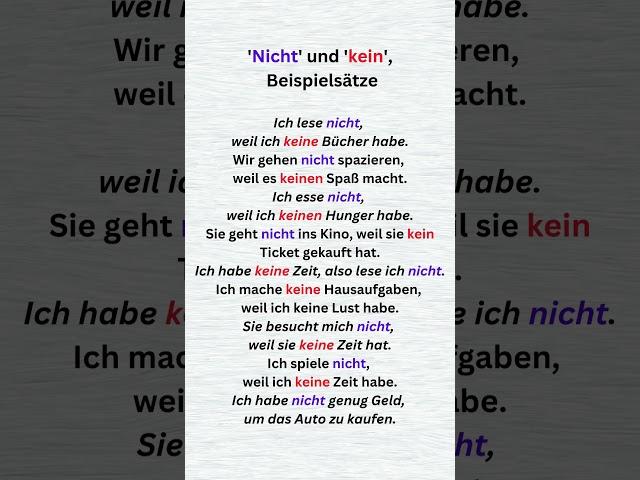 'Nicht' und 'kein', Beispielsätze, #alltagsdeutsch , #b1prufung , #germangrammar , #lernen