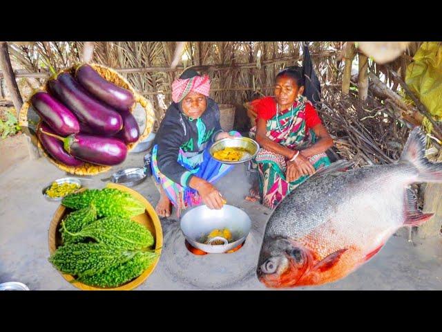 FISH CURRY with BRINJAL and KARELA VAJI recipe cooking & eating by santali tribe old couple