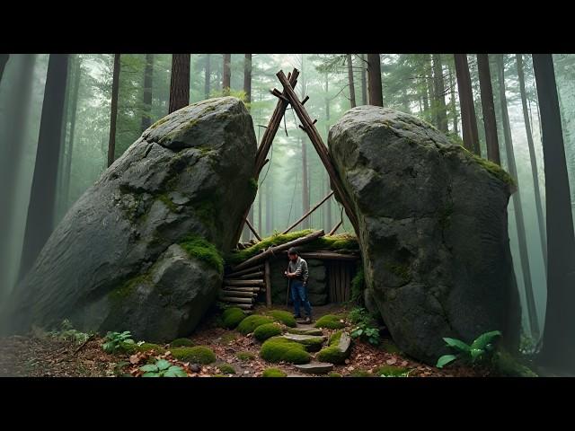 A Man Built a Wooden House between Rocks | Start to Finish, @PaddysBushcraft