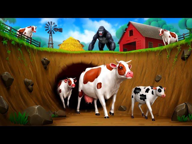 Crazy Cows Great Escape from Underground Tunnel! Greedy Farmer and Gorilla Funny Animals Stories