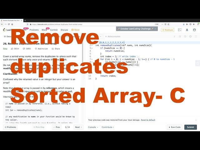 Leetcode 26: Remove duplicates from sorted array in C