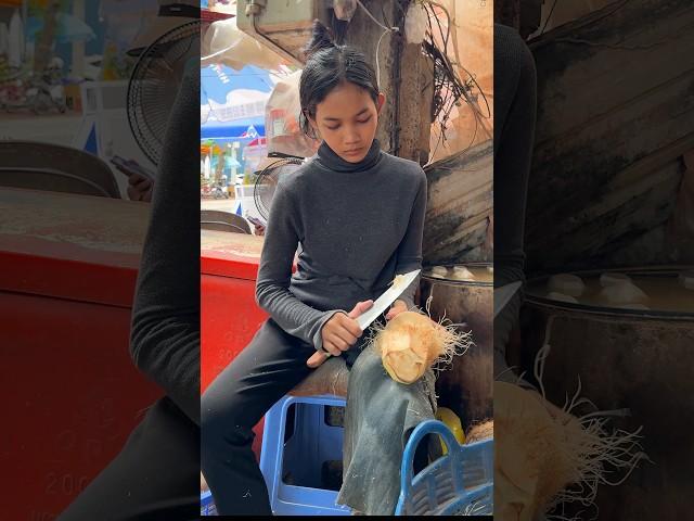 Hardworking Young Girl Selling Fresh Coconut Water - Fruit Cutting Skills