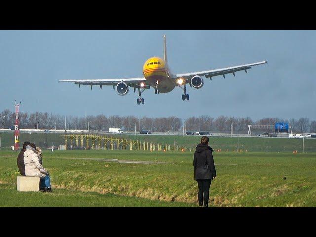 CROSSWIND LANDINGS during a STORM at Amsterdam - Airbus A300, Boeing 747 ... (4K)