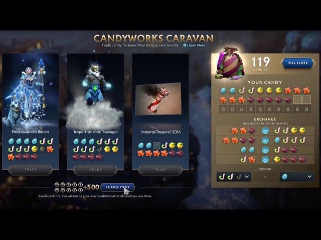 DOTA 2 - 500+ REROLLS ON CANDYWORKS CARAVAN!