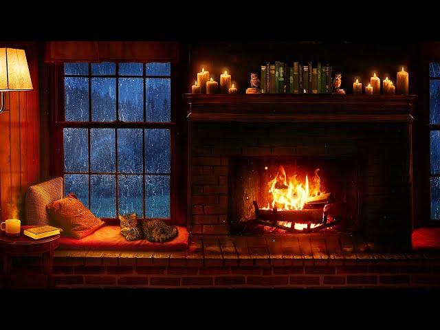 Cozy Cabin Ambience - Rain and Fireplace Sounds at Night 8 Hours for Sleeping, Reading, Relaxation