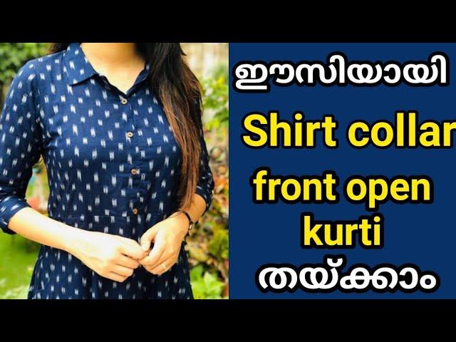 Shirt collar front open kurti cutting and stitching