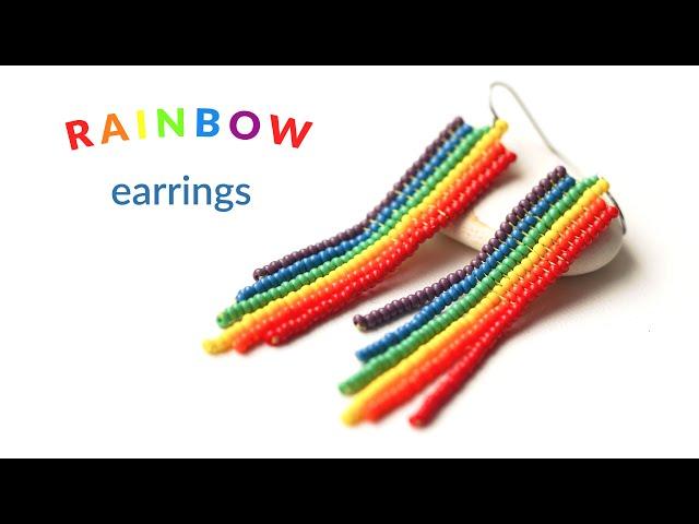 Rainbow seed bead earrings tutorial for beginners. Flat square stitch DIY