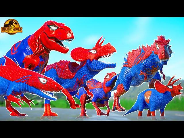 All Spiderman T-Rex vs SuperHero Dinosaurs Battle in Jurassic World |Dinosaur Pro 8 SuperHero Team