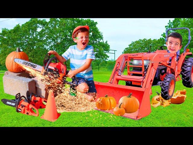 Chainsawing pumpkins with toy chainsaw and driving real tractor, kids tractor, & truck | Super Krew