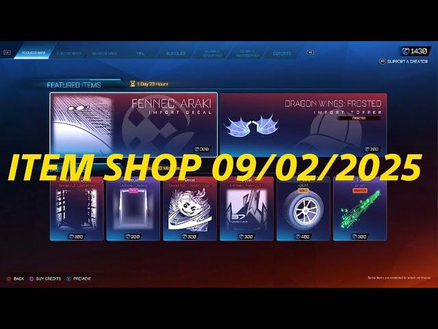 Rocket League item shop today 09/02/2025  - GOLD OEM WHEELS & FENNEC ARAKI & DOMINUS TOMATO TITAN