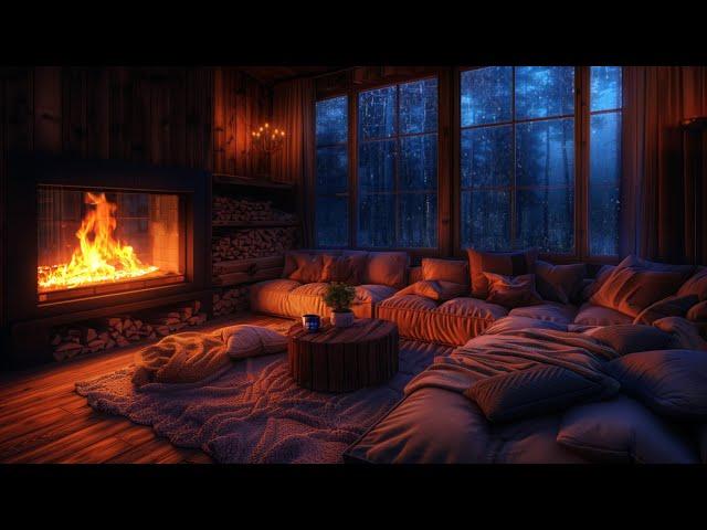 Nighttime Thunderstorm Haven: Inviting Room with Fireplace & Calming Rain Sounds