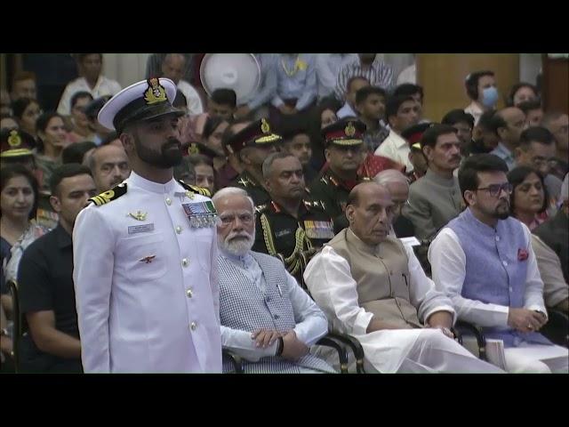 President Droupadi Murmu presents Shaurya Chakra to Lieutenant Commander Mritunjay Kumar