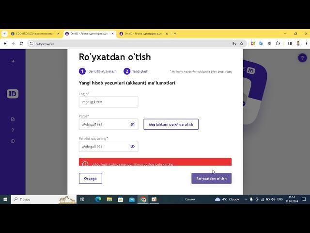 ONE ID tizmiga kirish boyicha 2024 01 31